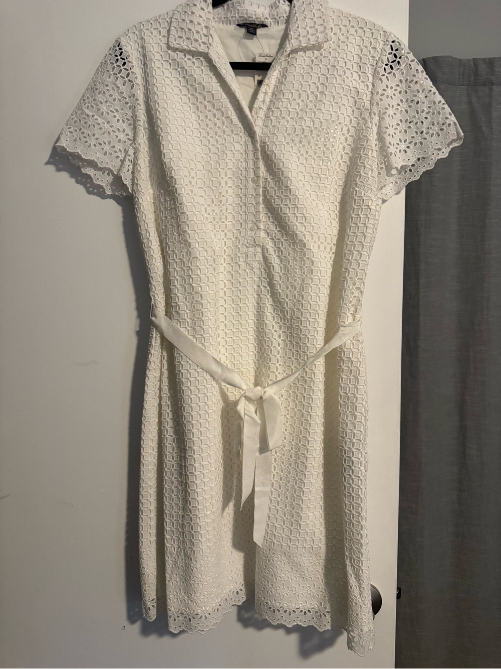 NWT Lace Eyelet Tie-Waist Shirt Dress - White 14